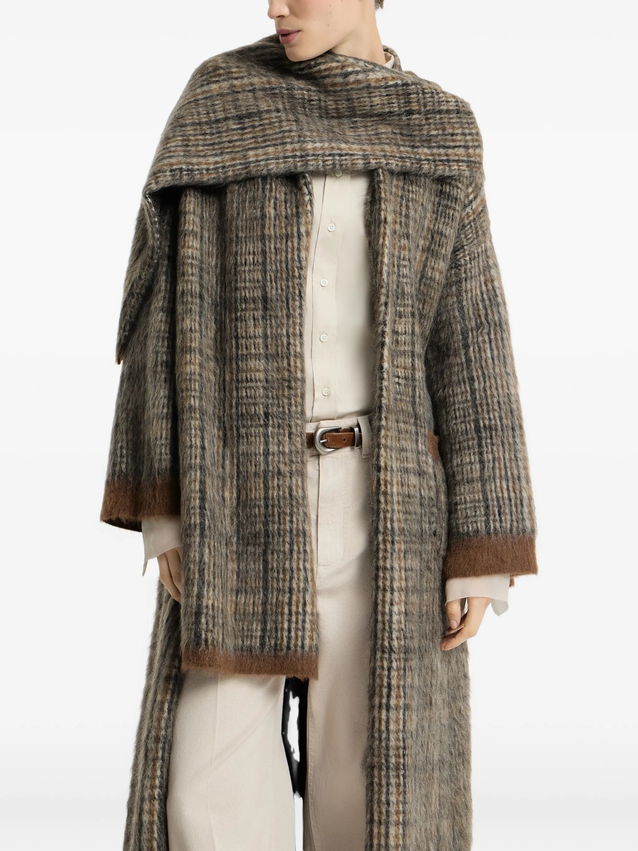 Brunello Cucinelli Brunello Cucinelli Mohair And Wool Prince-of-Wales Double-knit Coat With Scarf, view 2