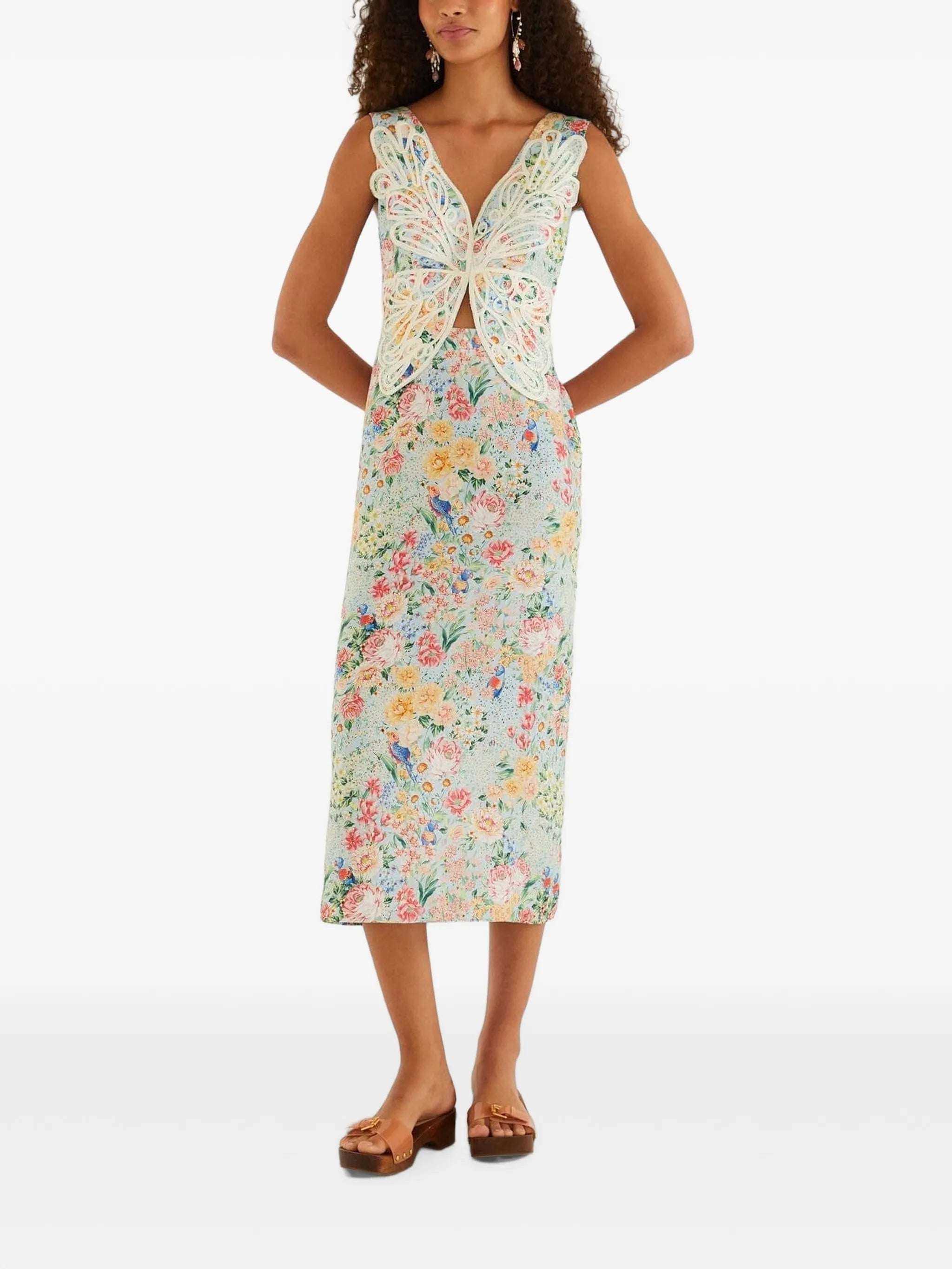 Farm Rio Farm Rio Rendeira Butterfly-appliqué Floral-print Midi Dress