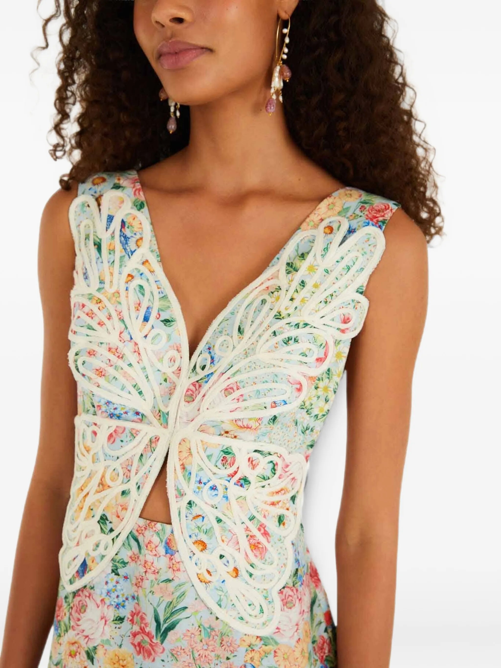 Farm Rio Farm Rio Rendeira Butterfly-appliqué Floral-print Midi Dress, view 2