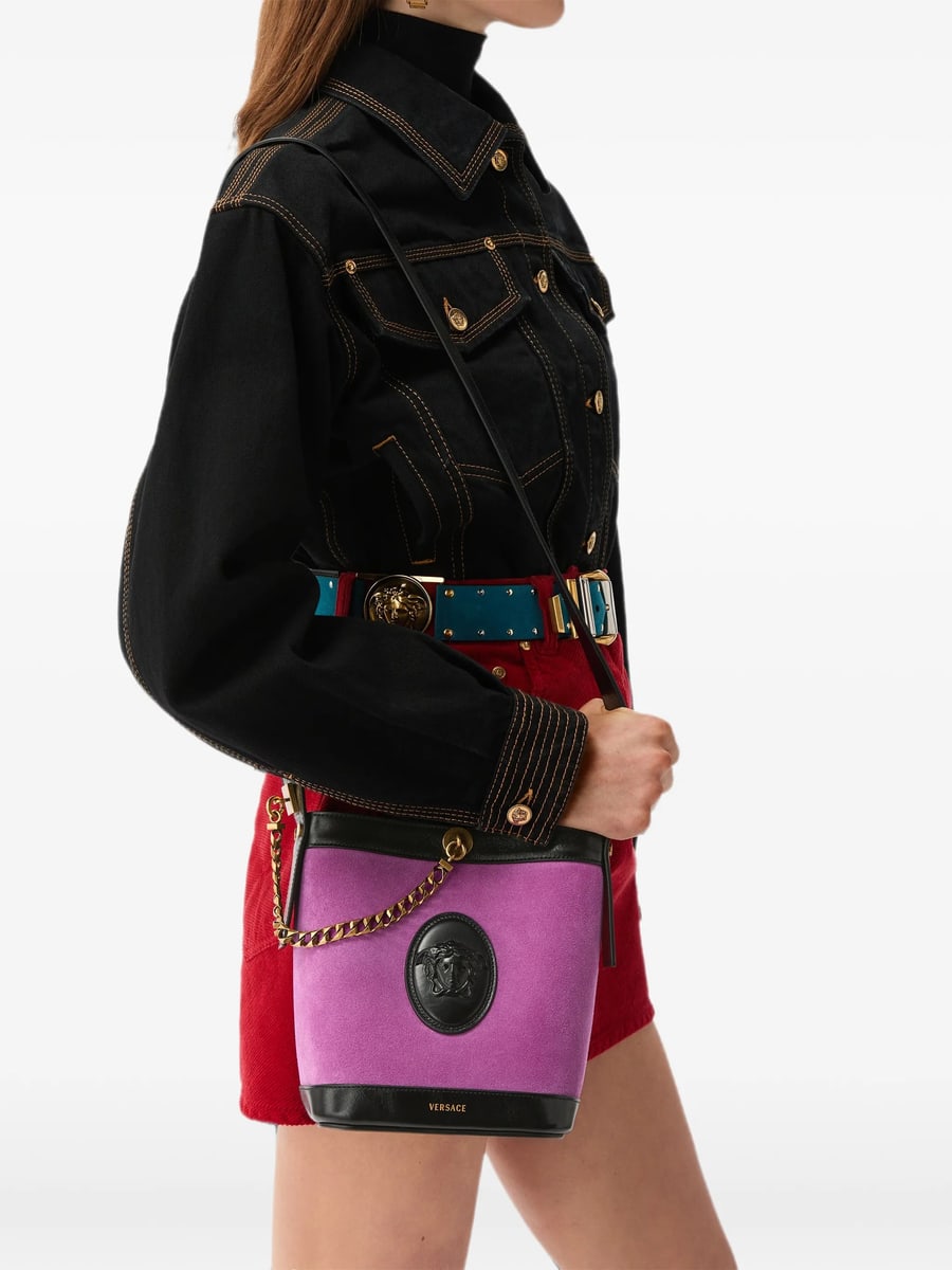 Versace Versace Pivot Mini Suede Bucket Bag, view 4
