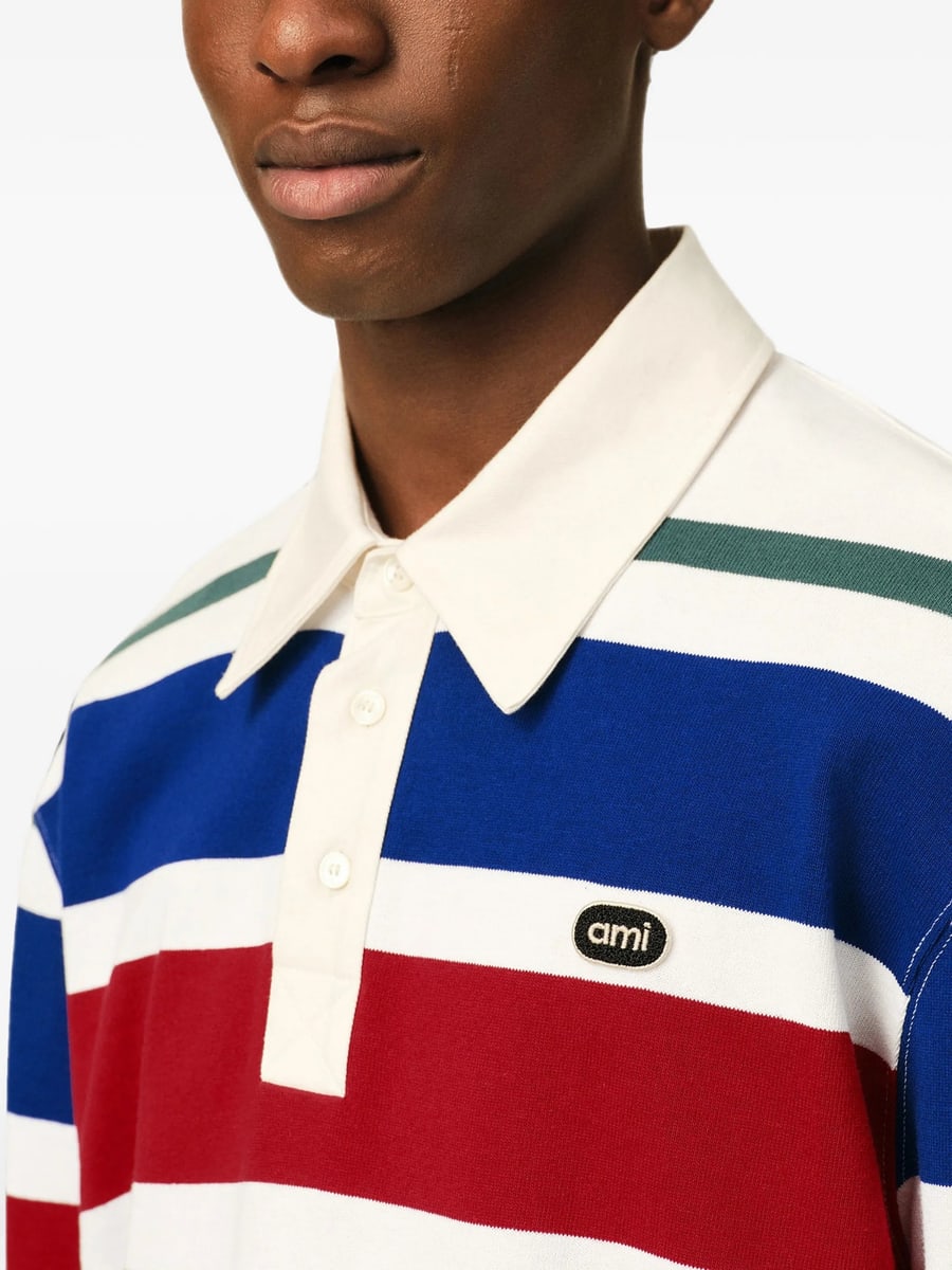 AMI Paris Ami Paris Striped Cotton Polo With Ami Patch, view 4