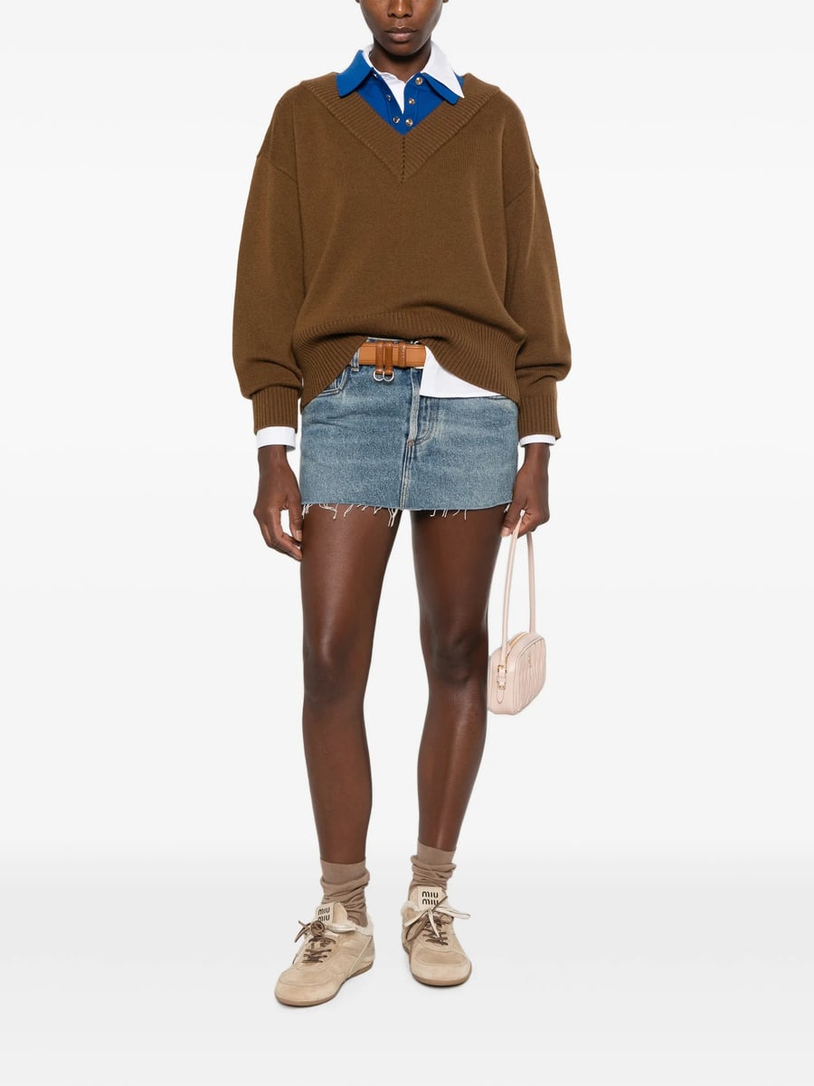 Miu Miu Miu Miu Logo-patch Frayed-hem Mini Denim Skirt, view 3