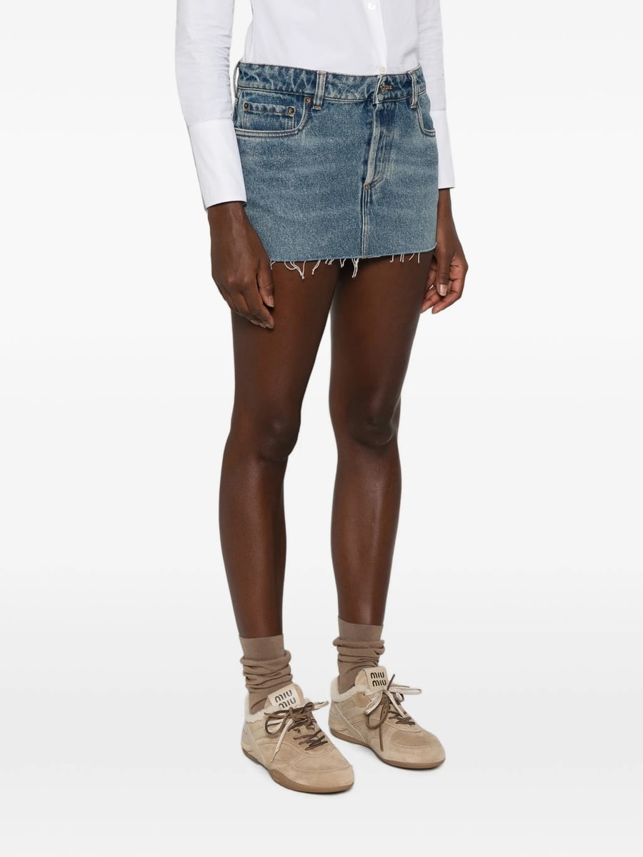Miu Miu Miu Miu Logo-patch Frayed-hem Mini Denim Skirt, view 5