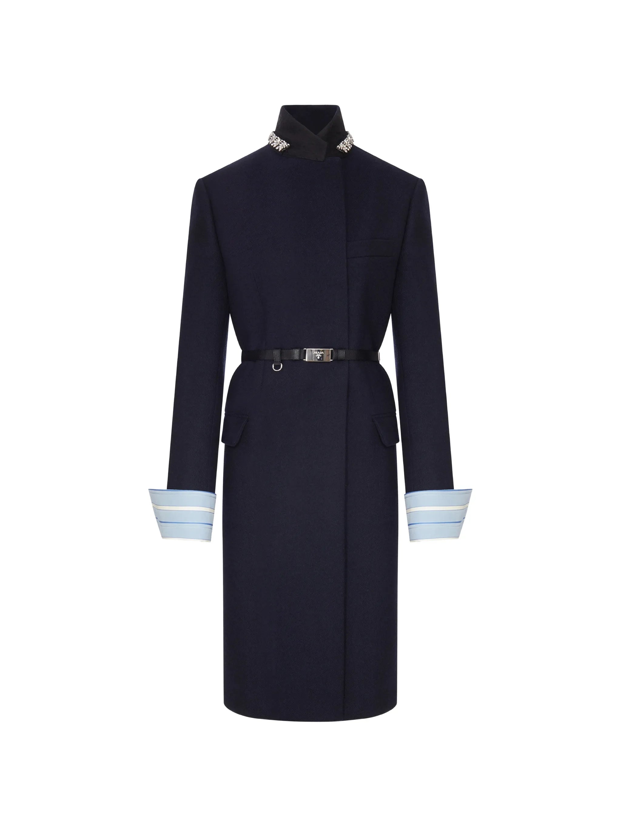 Prada Prada Long Wool Coat With Belt And Jewel Collar