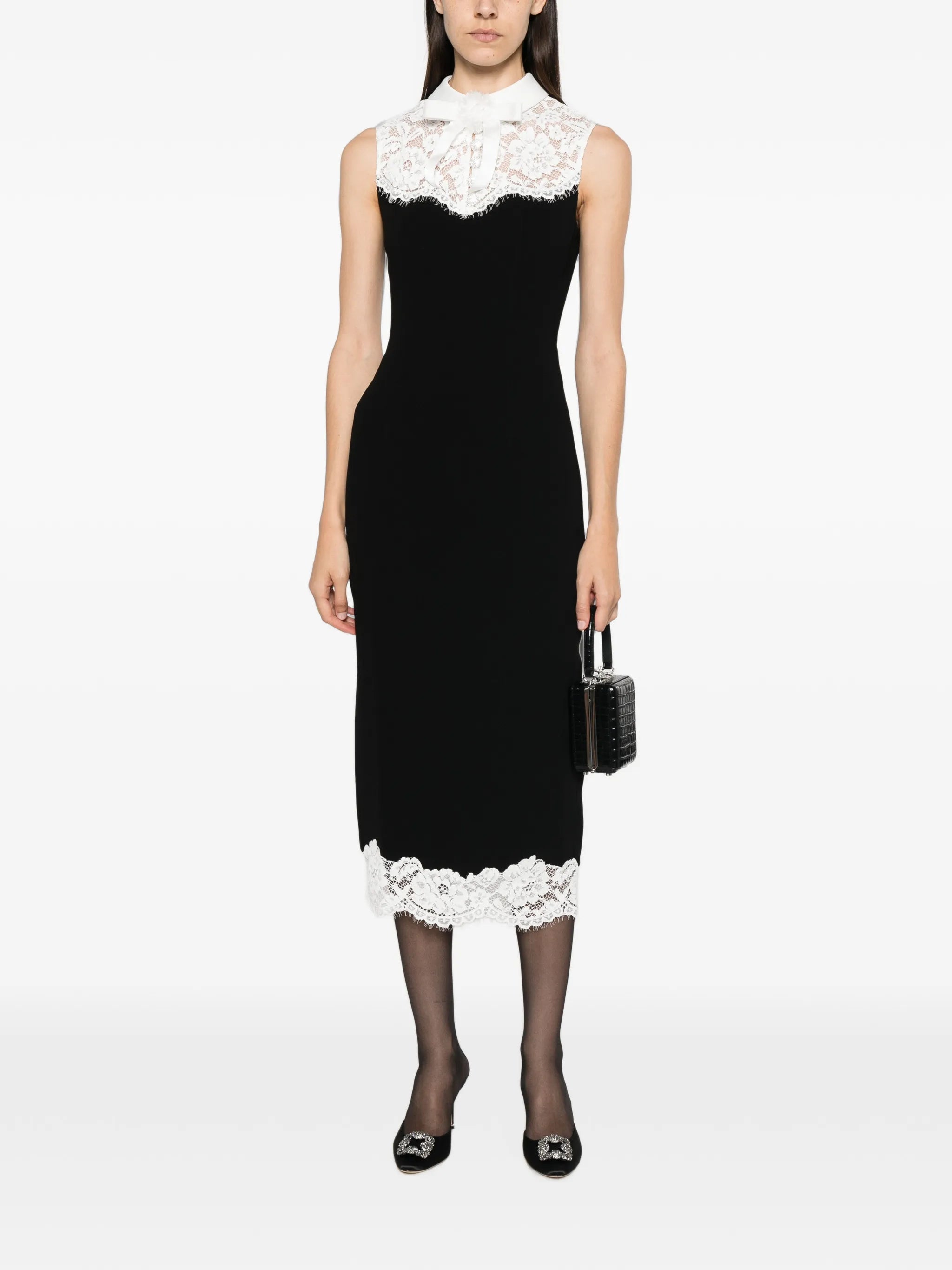 self-portrait Self-portrait Black Contrast-lace Bodice Midi Dress, view 2