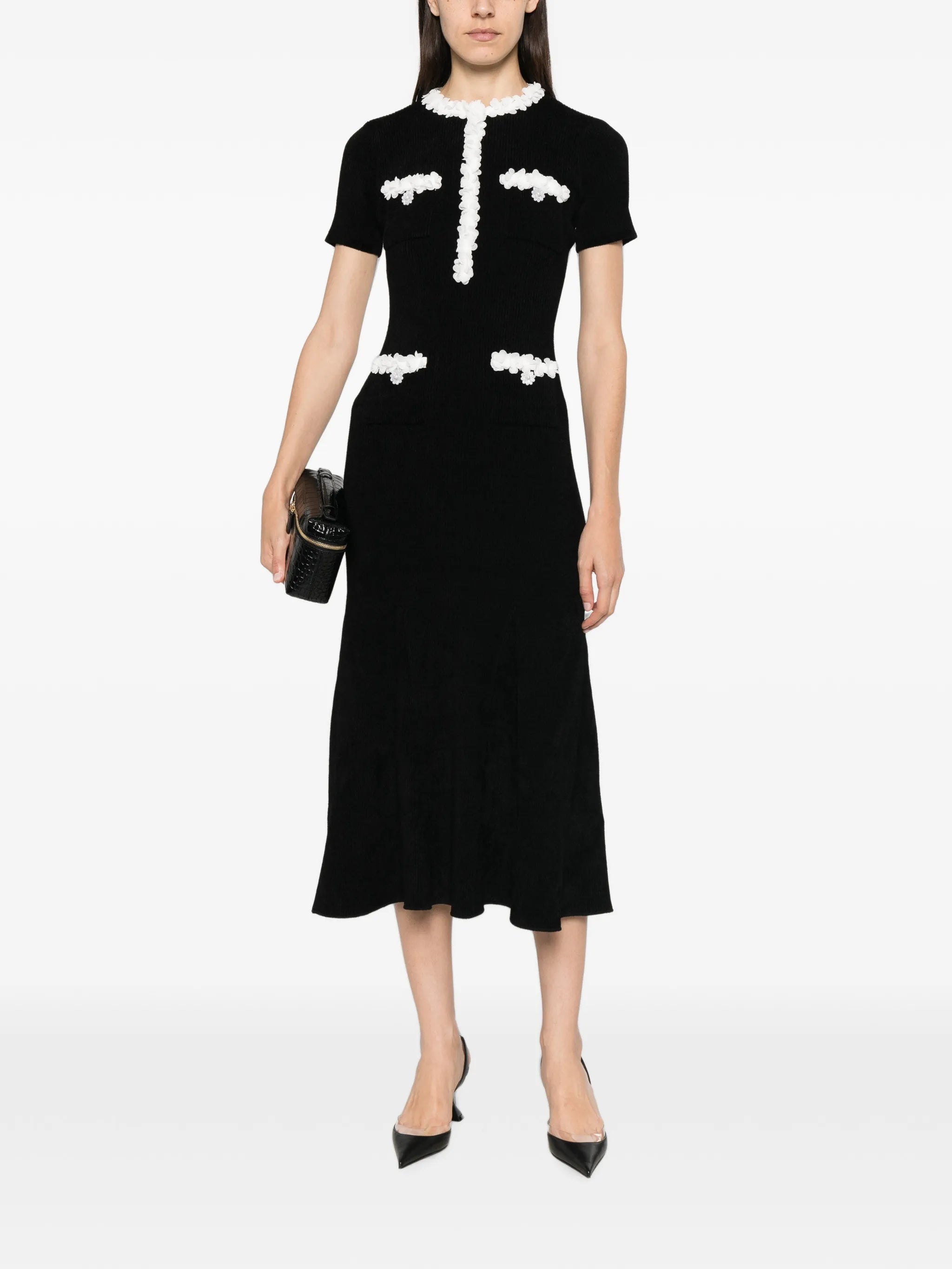 self-portrait Self-portrait Floral-appliqué Ribbed-knit Midi Dress, view 2