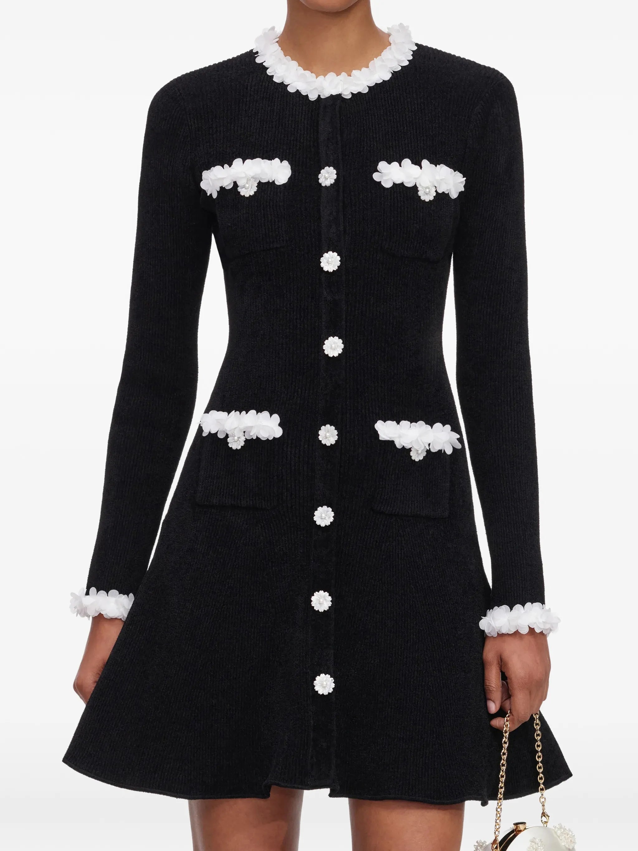 self-portrait Self-portrait Black Chenille Knit Flower-trim Mini Dress