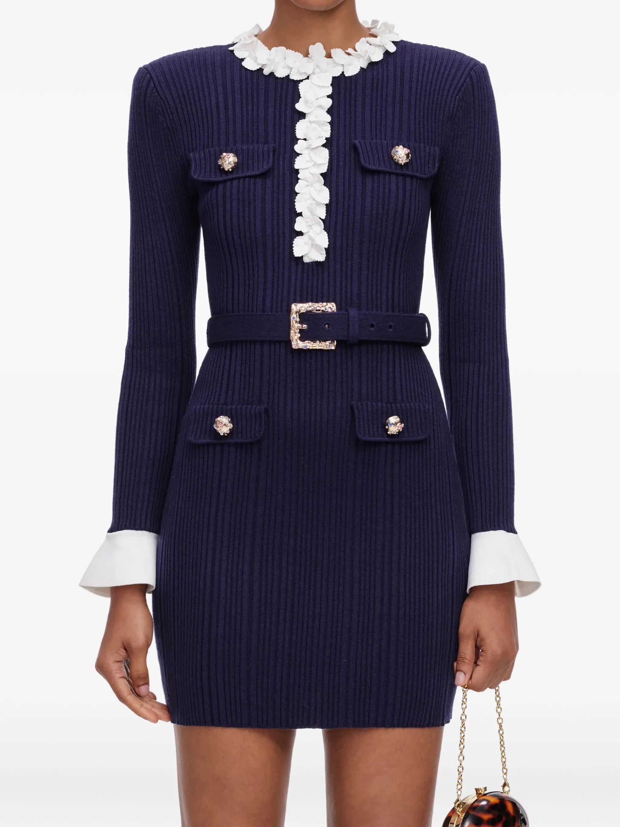 self-portrait Self-portrait Navy Flower Rib Knit Mini Dress