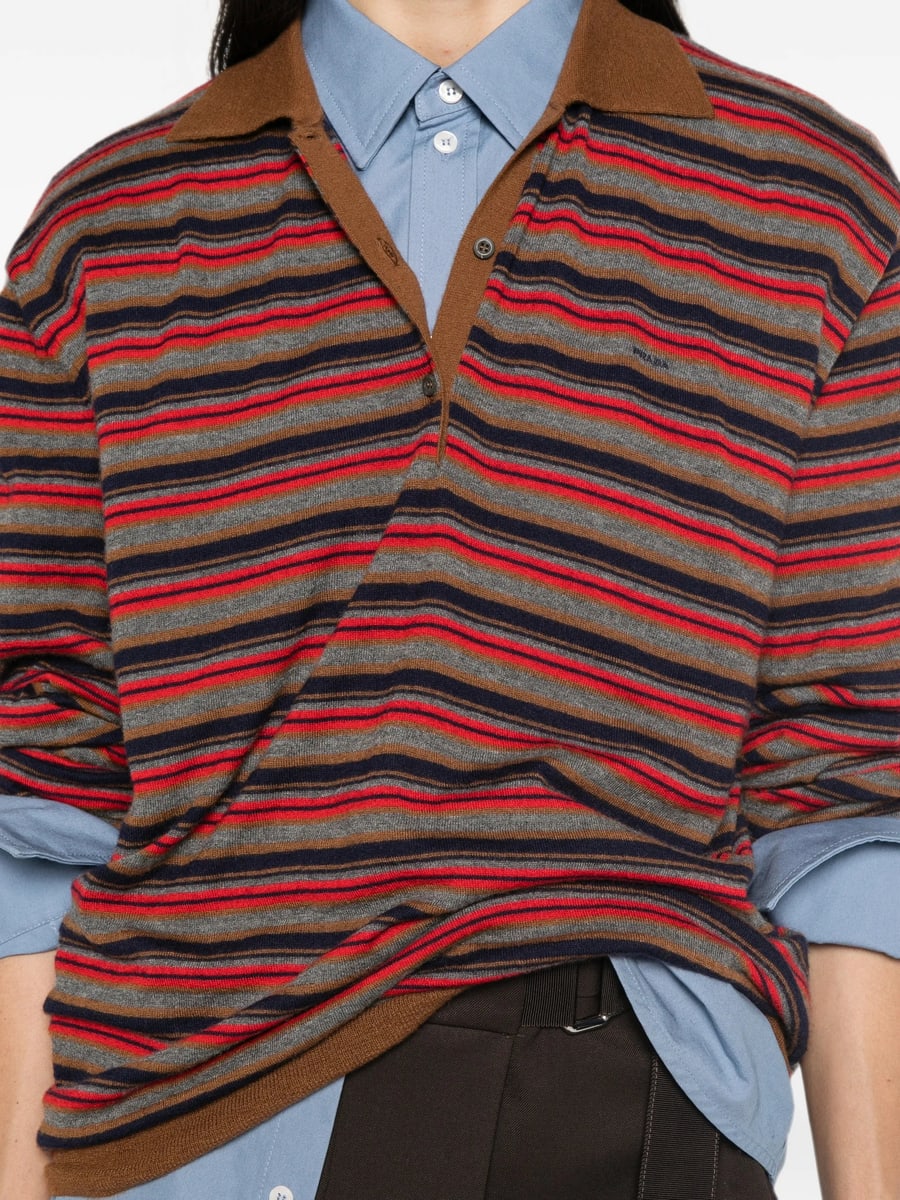 Prada Prada Striped Long-sleeve Polo Top, view 4
