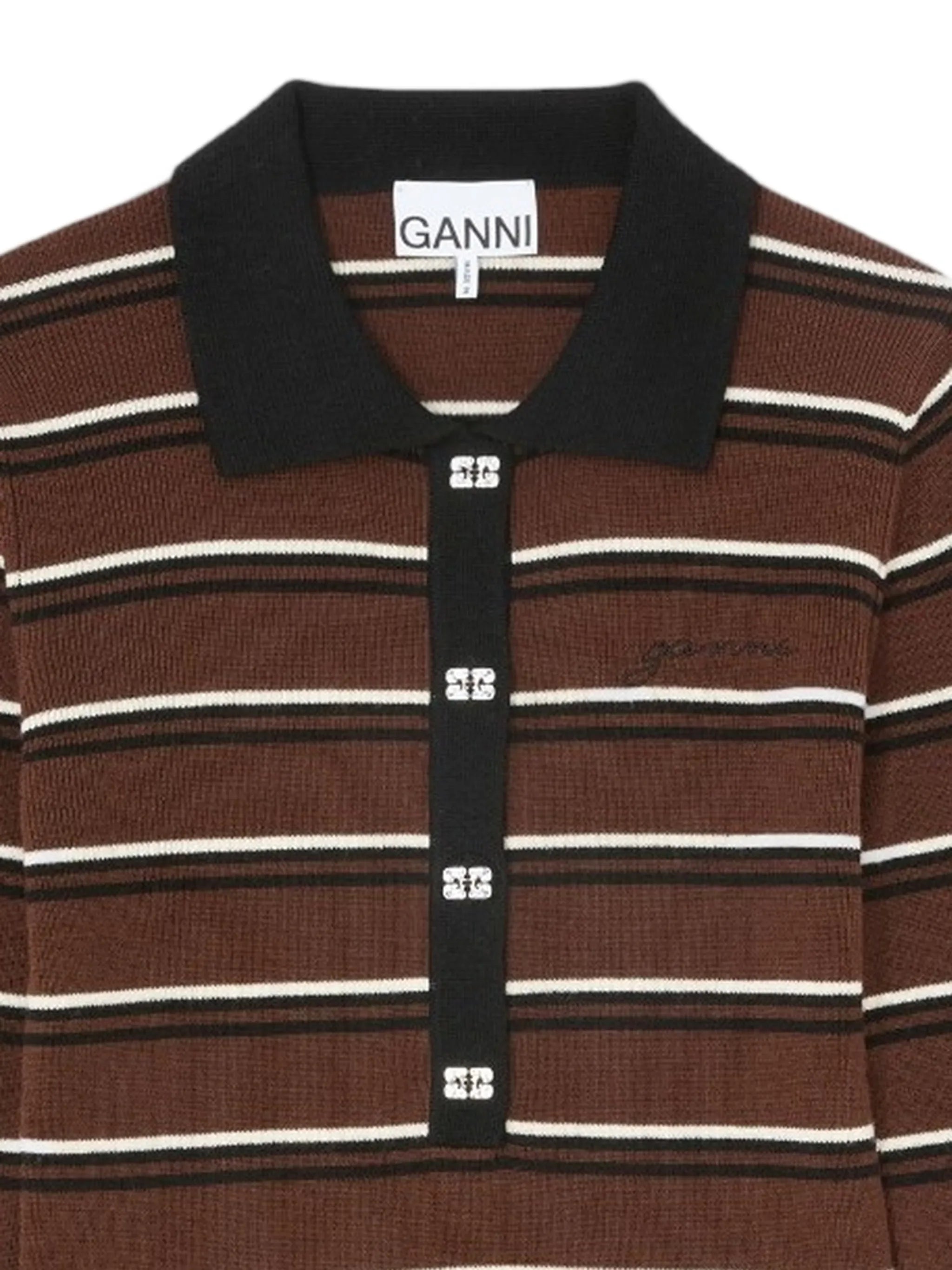 Ganni Ganni Striped Button-embellished Polo Shirt, view 2