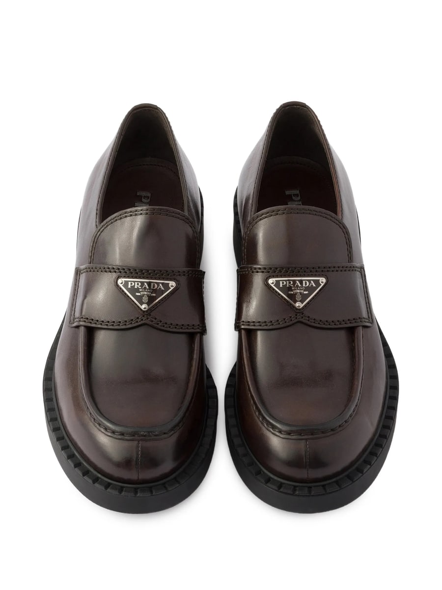 Prada Prada Chocolate Aged Leather Loafers, view 5