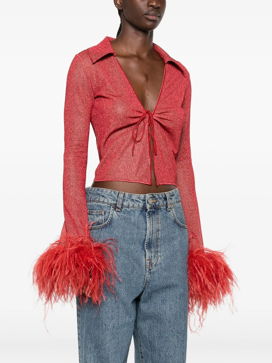 Oséree Oséree Feather-trimmed Metallic-thread Top, view 4