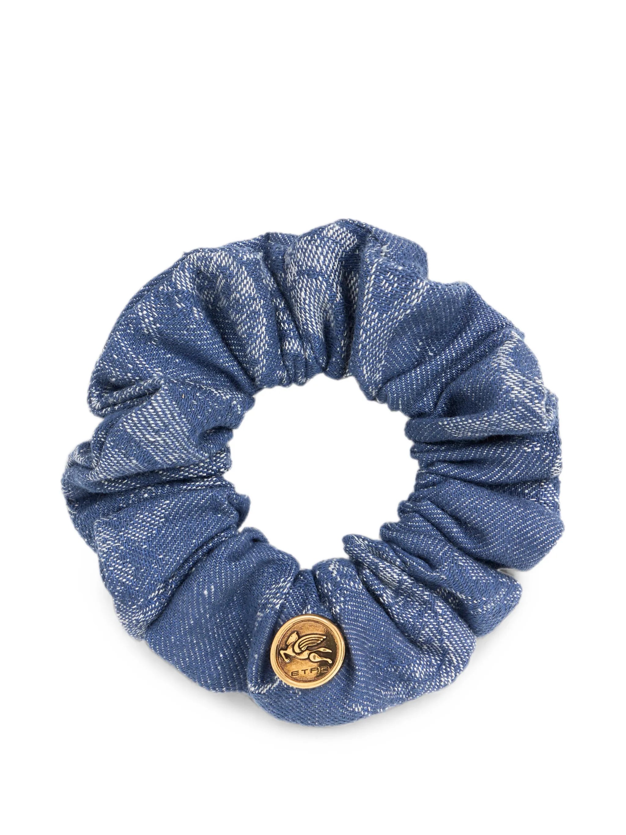 Etro Etro Cotton And Linen Jacquard Denim Scrunchie With Leafy Motif