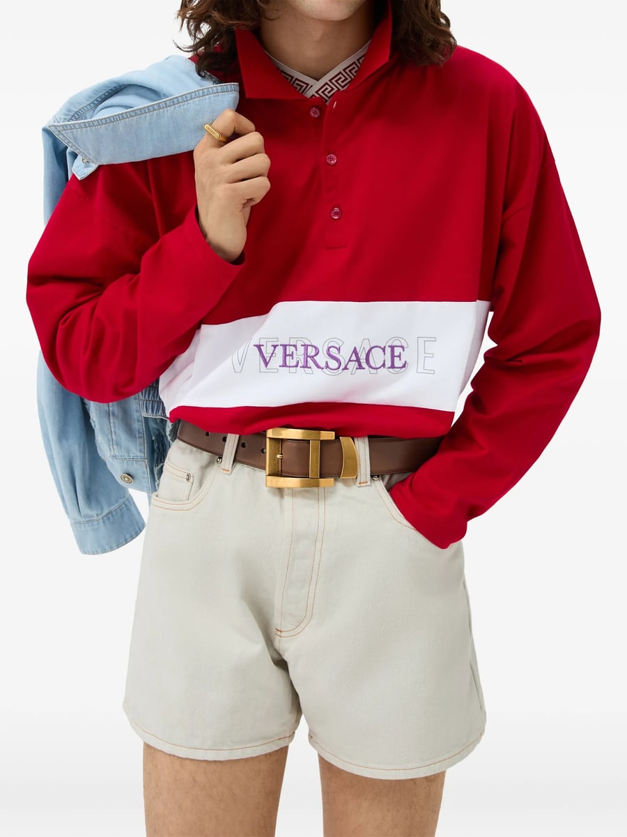 Versace Versace Embroidered-logo Intarsia Cotton-jersey Polo, view 4