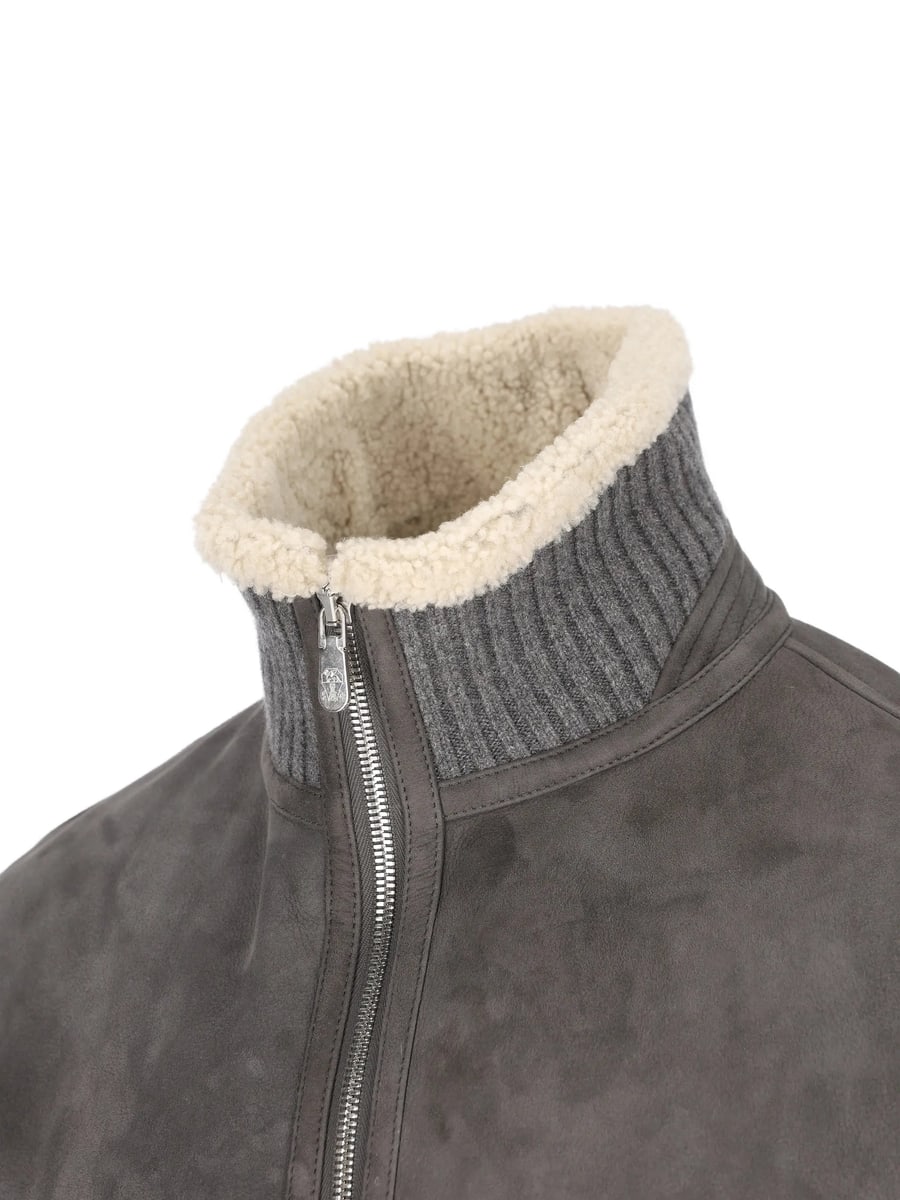 Brunello Cucinelli Brunello Cucinelli Shearling-trim Ribbed Jacket, view 3