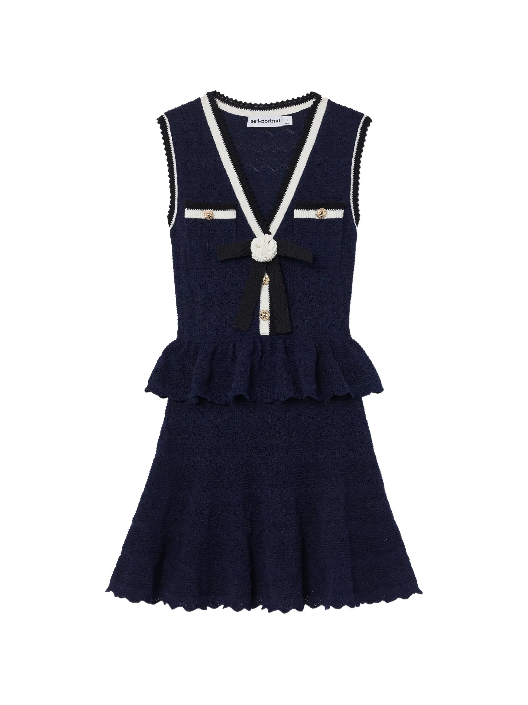 self-portrait Self-portrait Navy Peplum Pointelle-knit Mini Dress