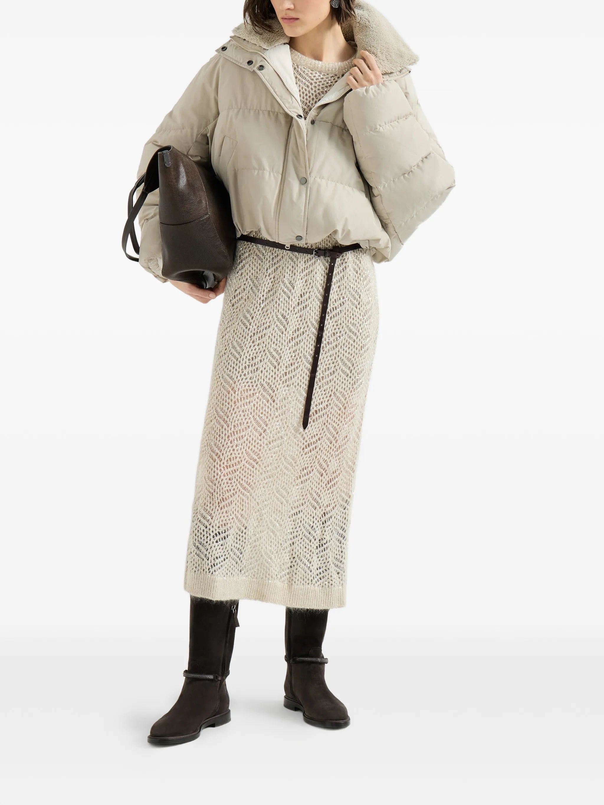 Brunello Cucinelli Brunello Cucinelli Techno Cotton Taffeta Down Jacket With Detachable Shearling Insert And Monili, view 2