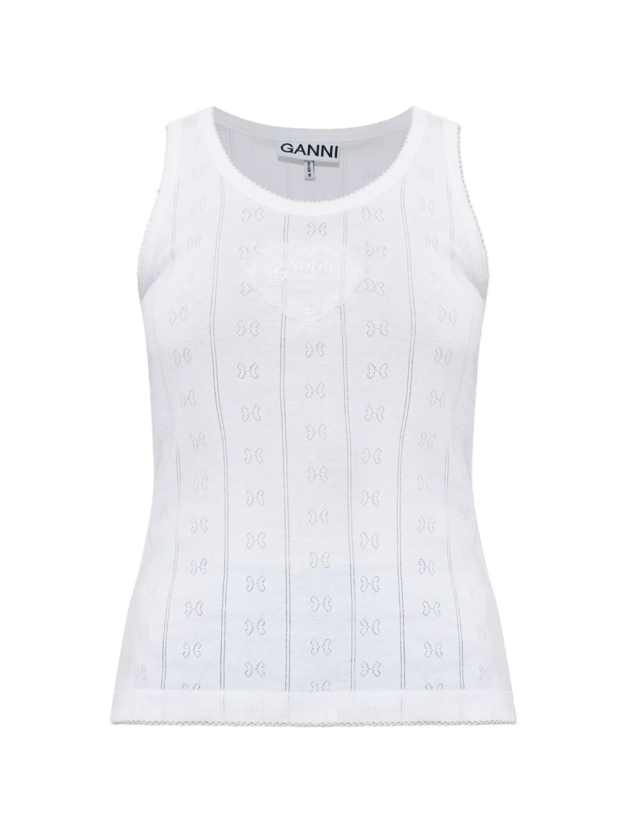 Ganni Ganni Logo-patch Pointelle-knit Top