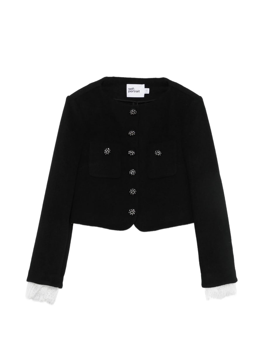self-portrait Self-portrait Lace-trimmed Button-up Cropped Jacket