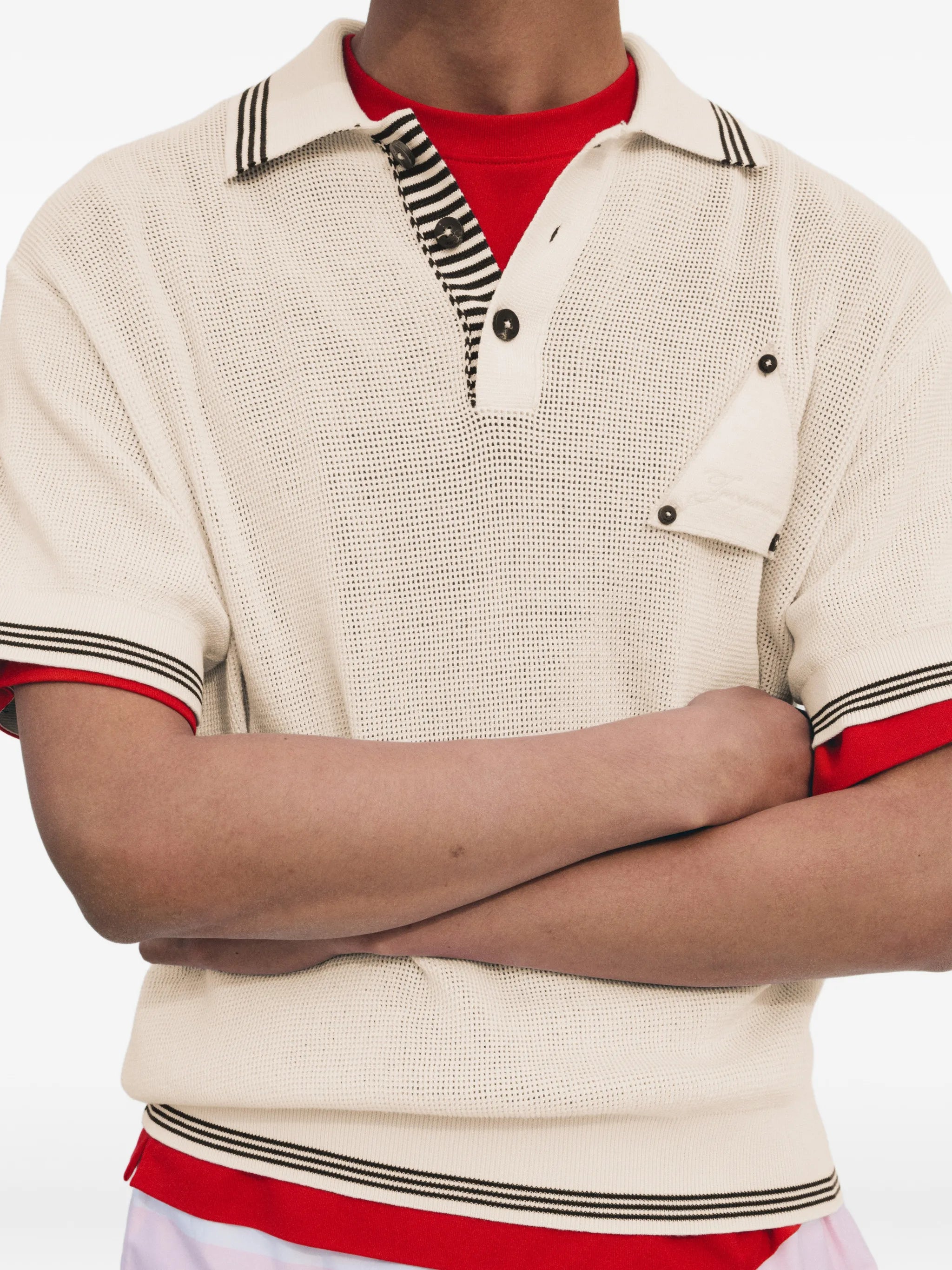 Jacquemus Jacquemus The Voilier Striped-trim Waffle-knit Polo Shirt, view 2