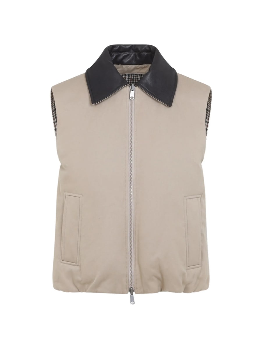Brunello Cucinelli Brunello Cucinelli Twill And Prince-of-Wales Reversible Down Vest With Detachable-leather-collar And Monili