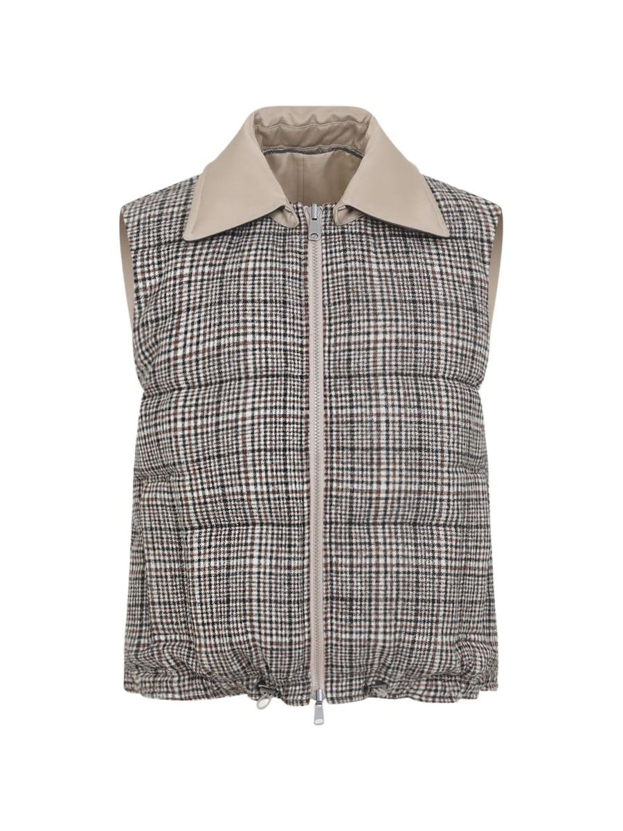 Brunello Cucinelli Brunello Cucinelli Twill And Prince-of-Wales Reversible Down Vest With Detachable-leather-collar And Monili, view 2
