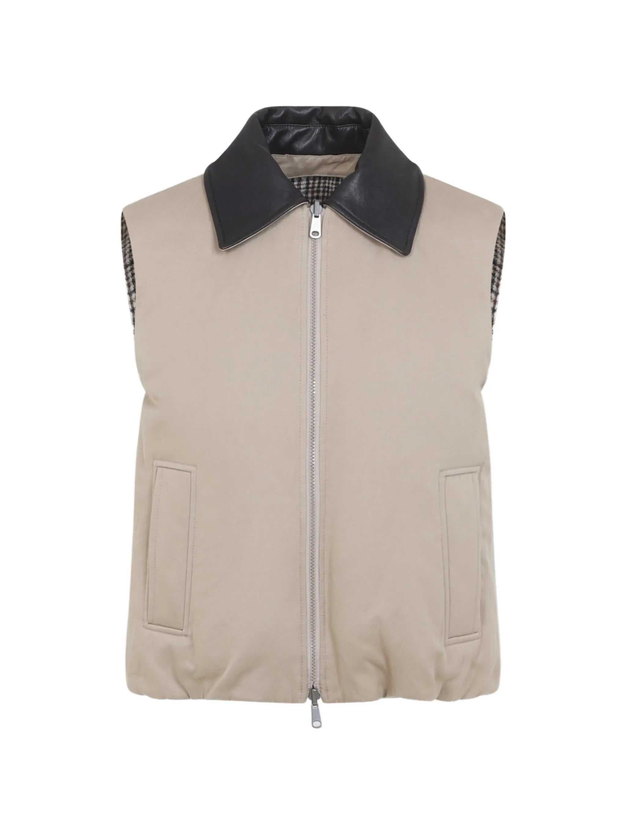 Brunello Cucinelli Brunello Cucinelli Twill And Prince-of-Wales Reversible Down Vest With Detachable-leather-collar And Monili
