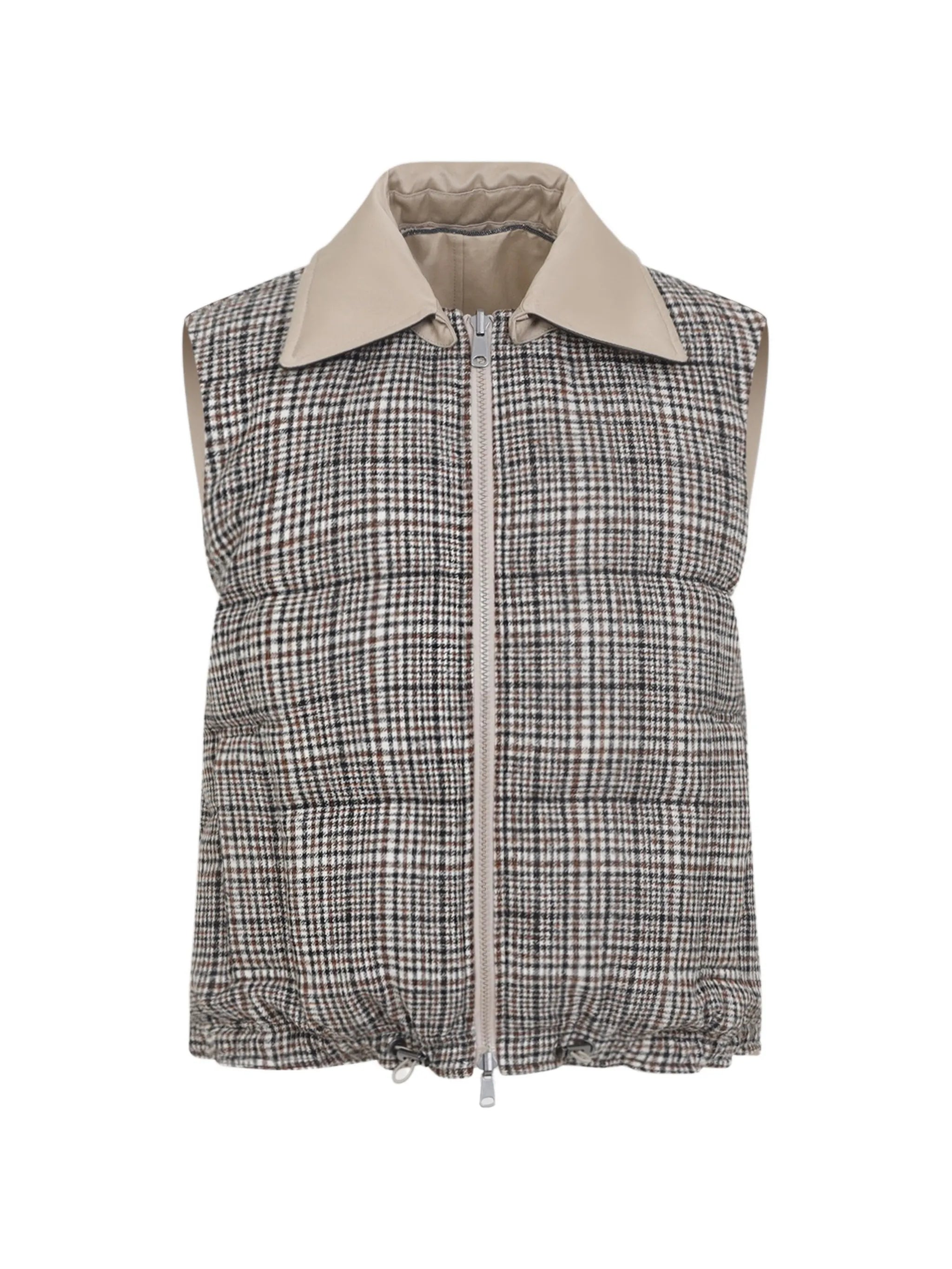 Brunello Cucinelli Brunello Cucinelli Twill And Prince-of-Wales Reversible Down Vest With Detachable-leather-collar And Monili, view 2