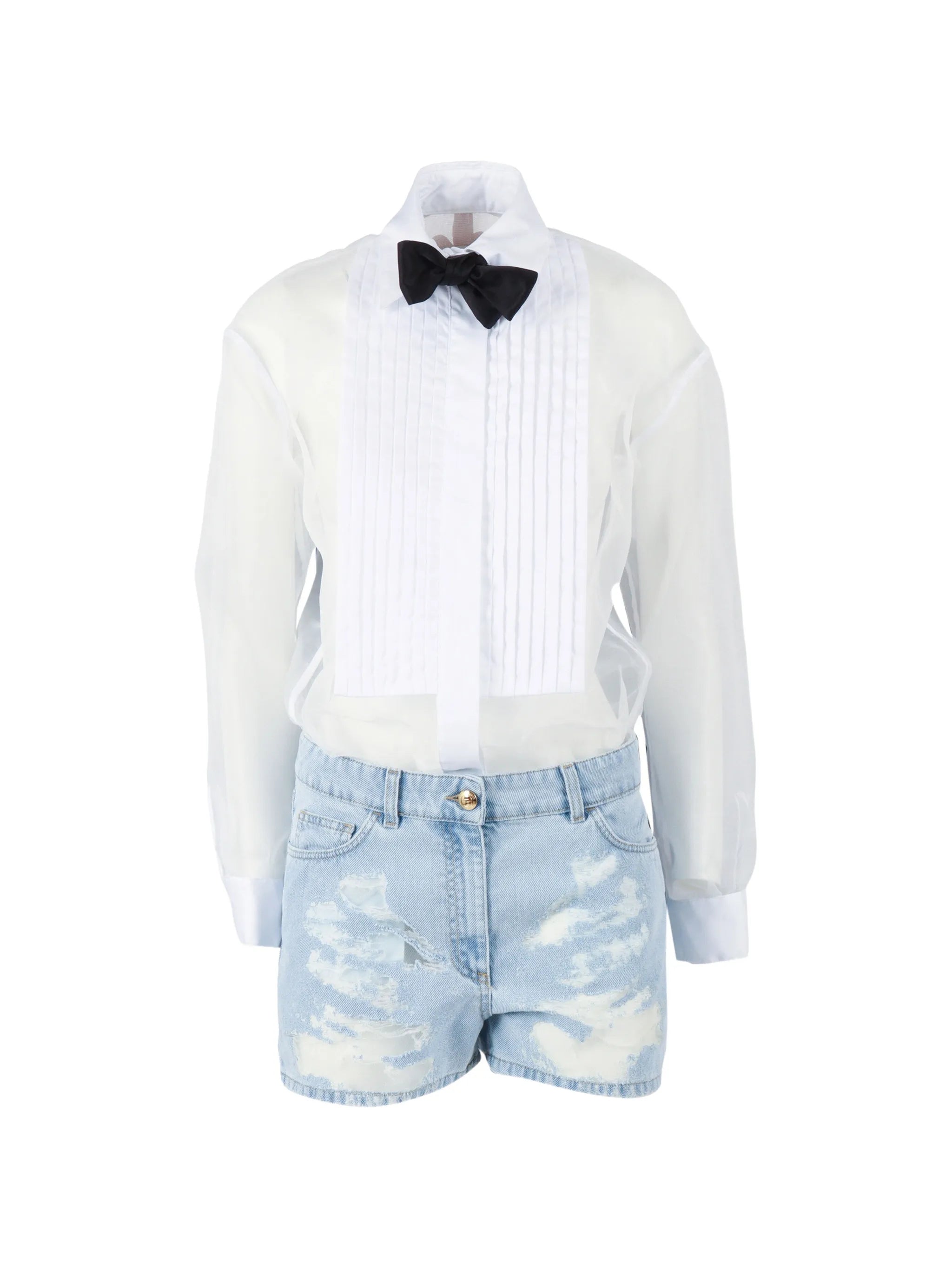 Elisabetta Franchi Elisabetta Franchi Denim And Organza Romper Suit With Bow Tie