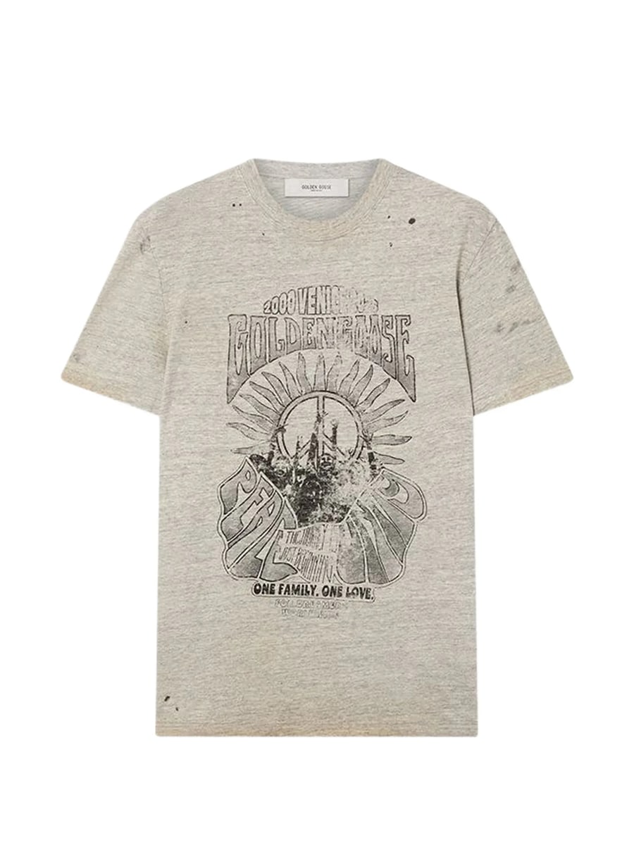 Golden Goose Golden Goose  T-shirt In Gray Melange Jersey With Vintage Print