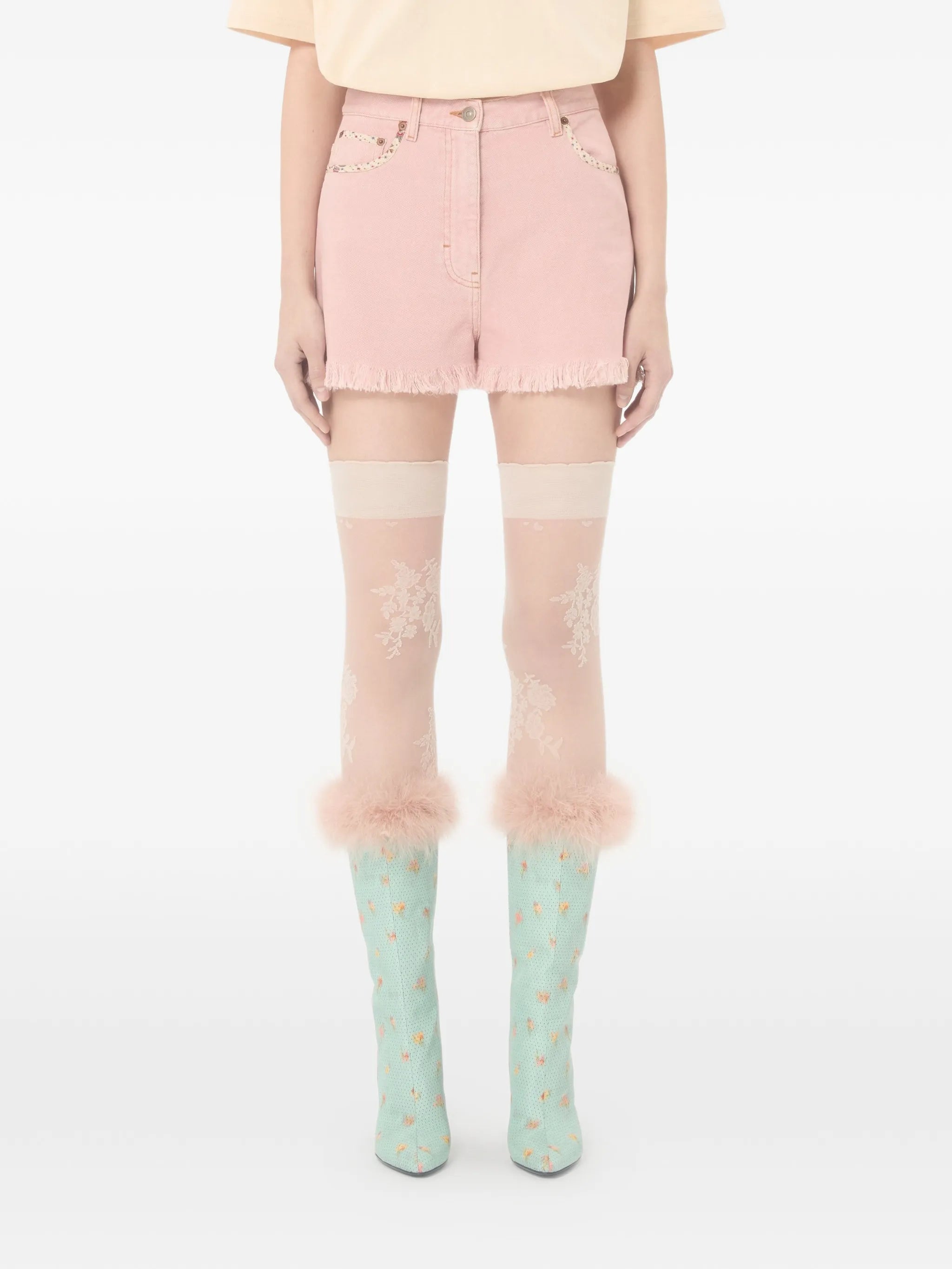 Valentino Valentino Floral Frayed Denim Shorts, view 2
