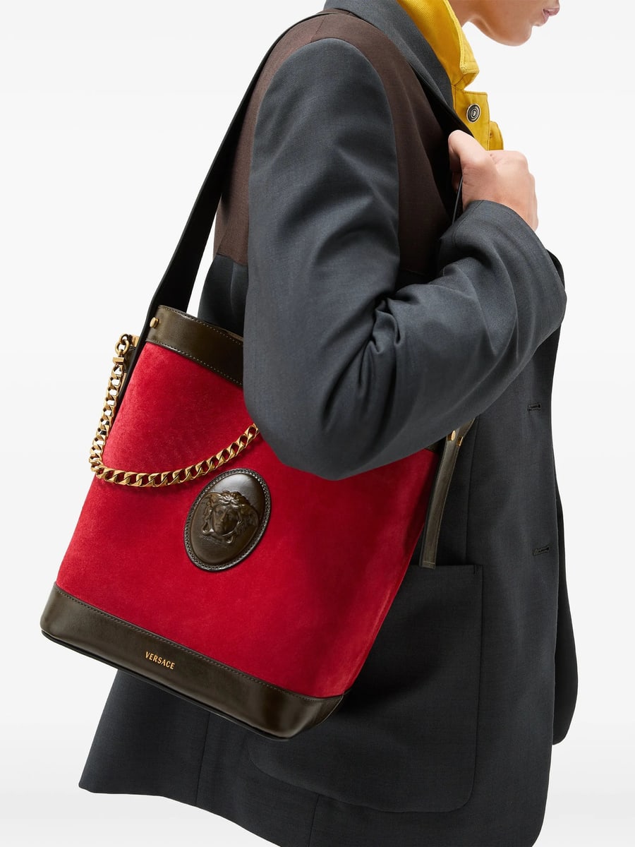 Versace Versace Pivot Small Suede Bucket Bag, view 2