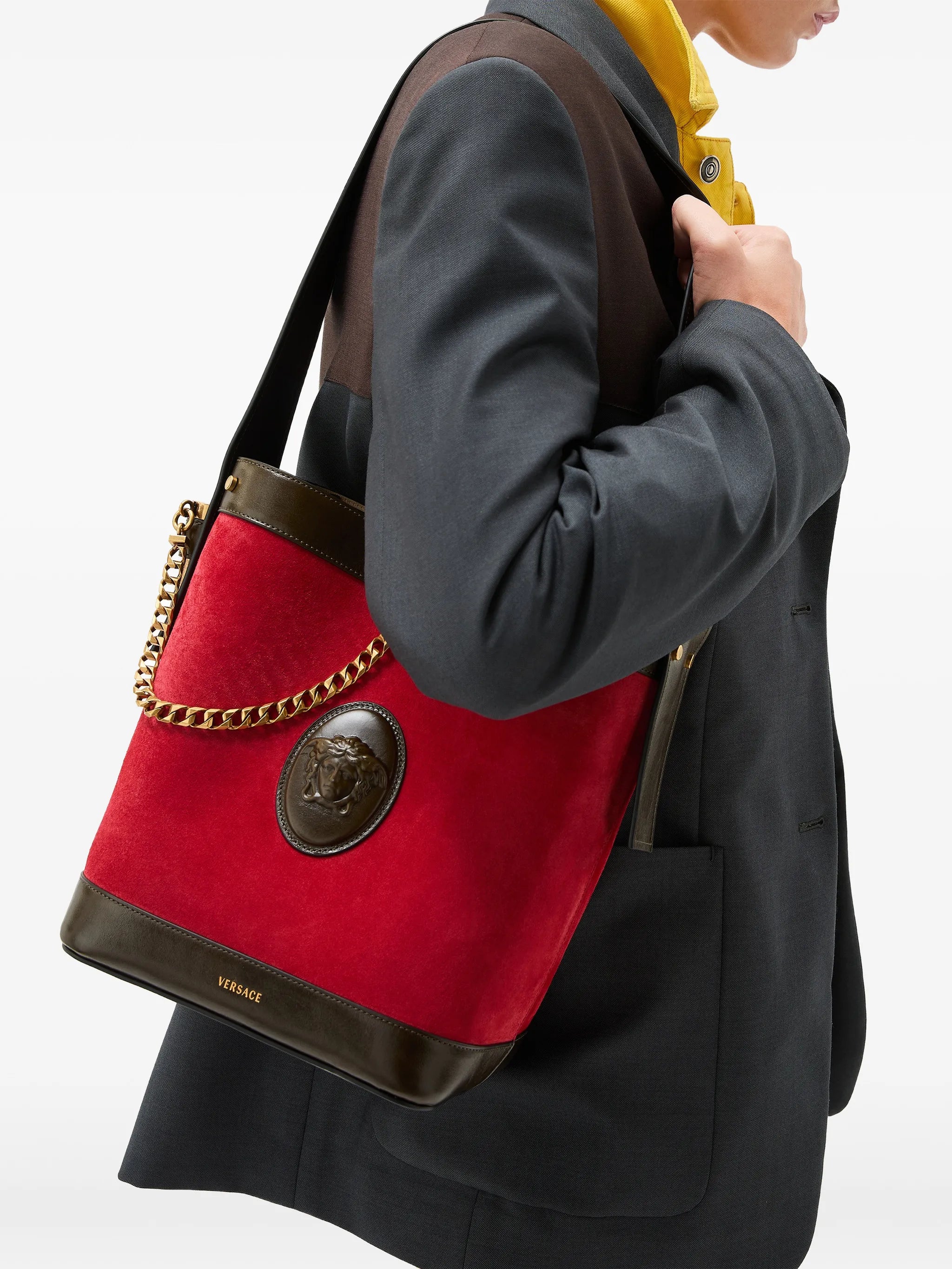 Versace Versace Pivot Small Suede Bucket Bag, view 2