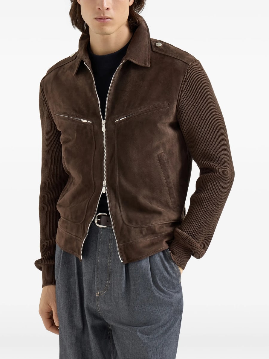 Brunello Cucinelli Brunello Cucinelli Ribbed-knit Suede Jacket, view 2