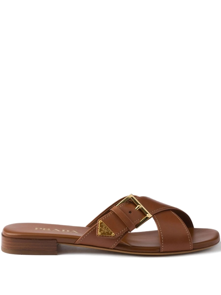 Prada Prada Leather Crisscross Slides With Buckle