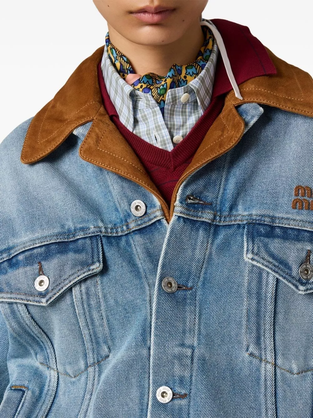 Miu Miu Giacca blouson in denim e pelle, view 2