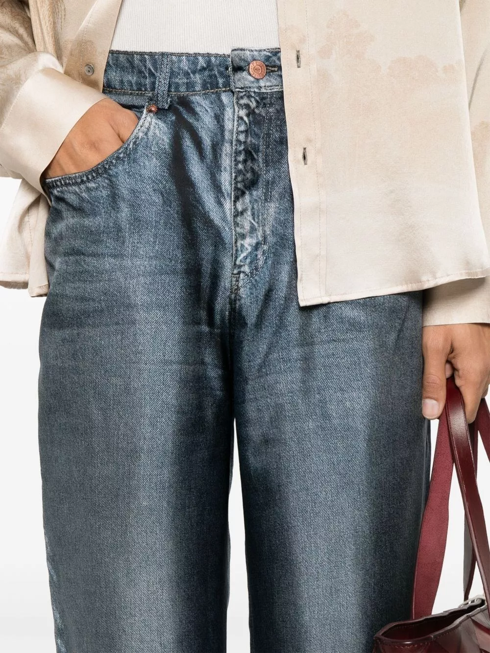 Pierre louis mascia Pantaloni in seta con stampa denim, view 2