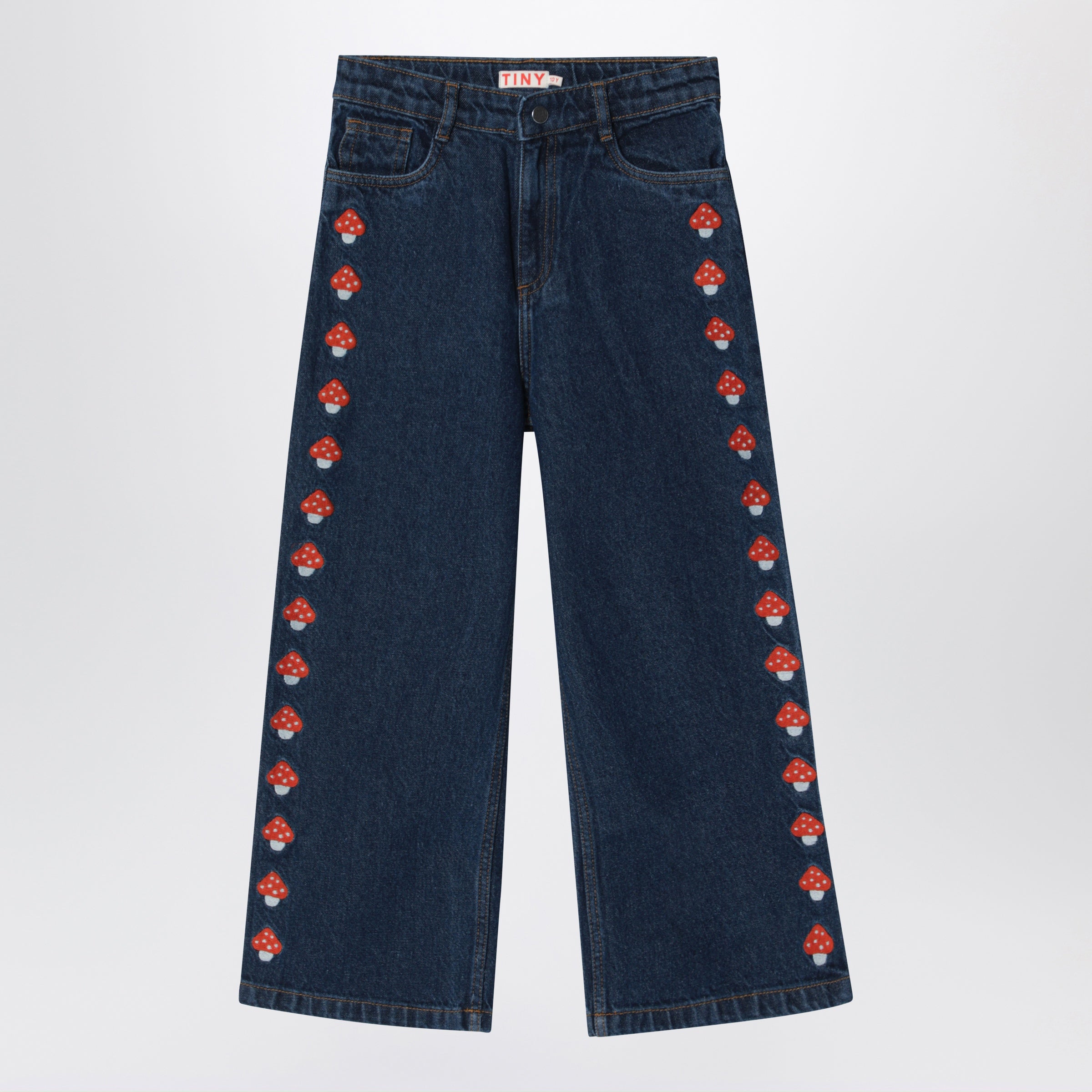 TINY COTTONS Jeans blu scuro con funghi ricamati