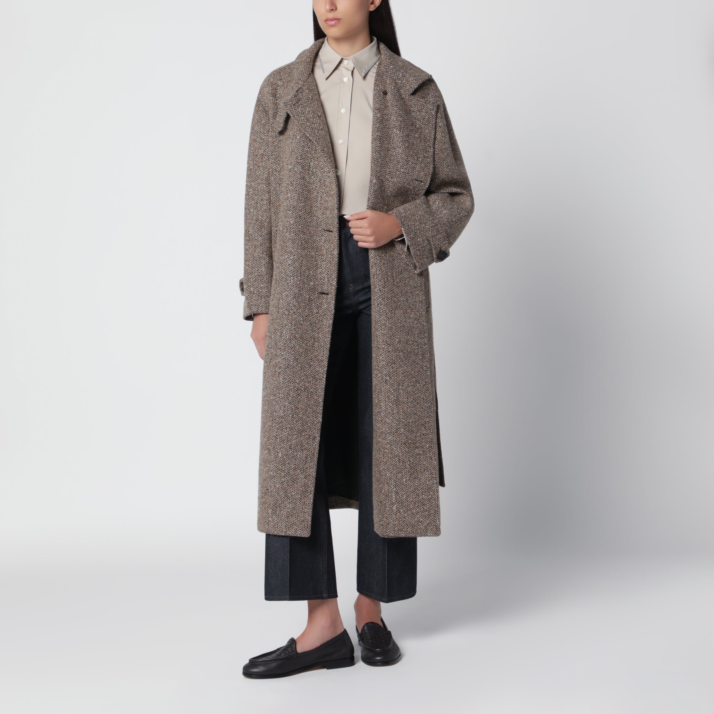 Brunello Cucinelli Cappotto Sparkling cammello e nero in lana vergine