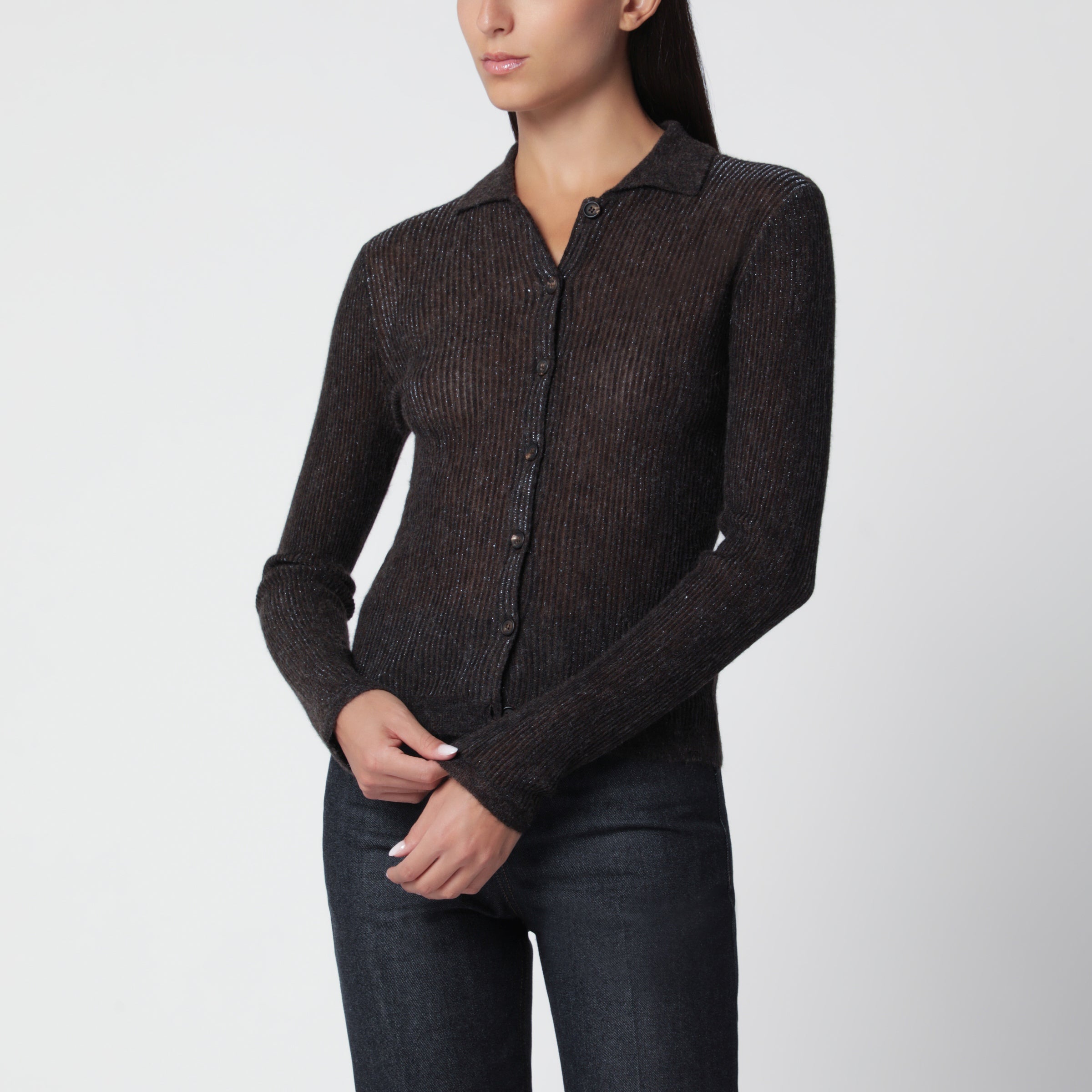 Brunello Cucinelli Cardigan Sparkling color caffè in seta, alpaca e lana