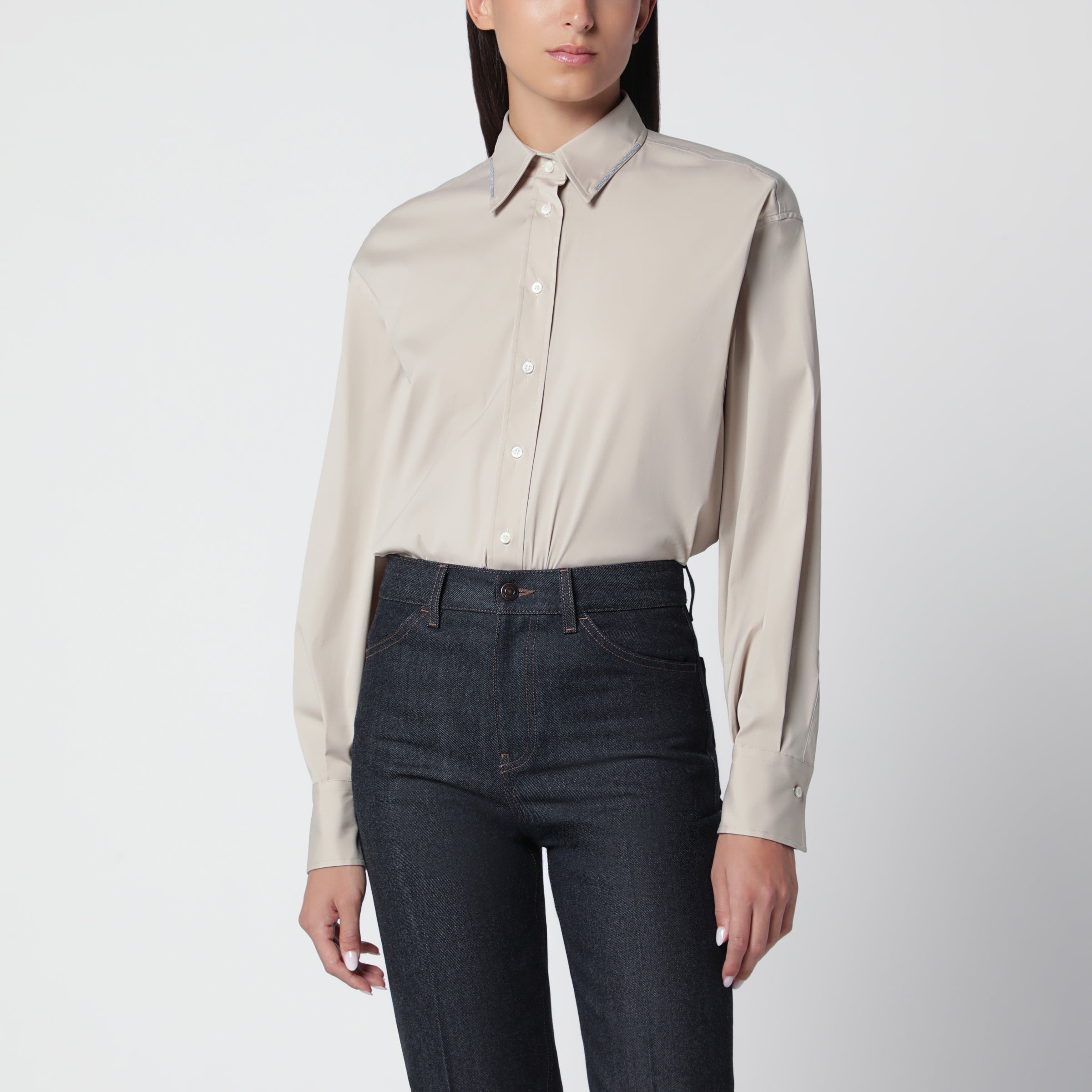 Brunello Cucinelli Camicia Monili Trim beige in cotone stretch