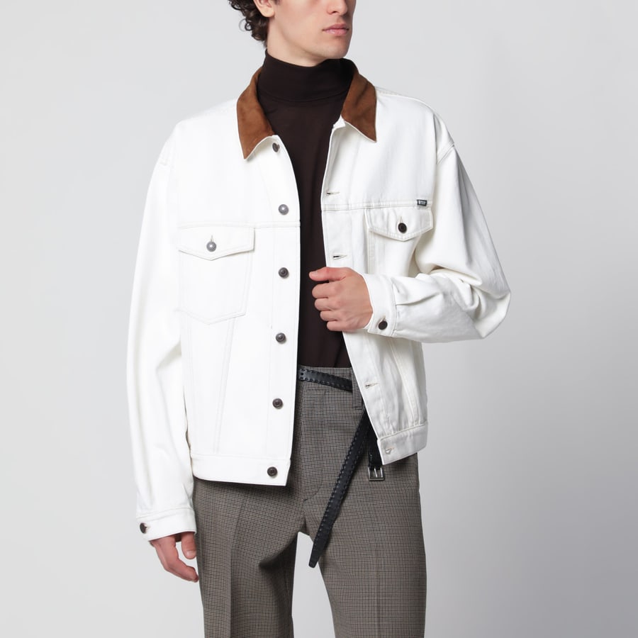 Prada Giubbotto in denim old bianco con dettagli in pelle