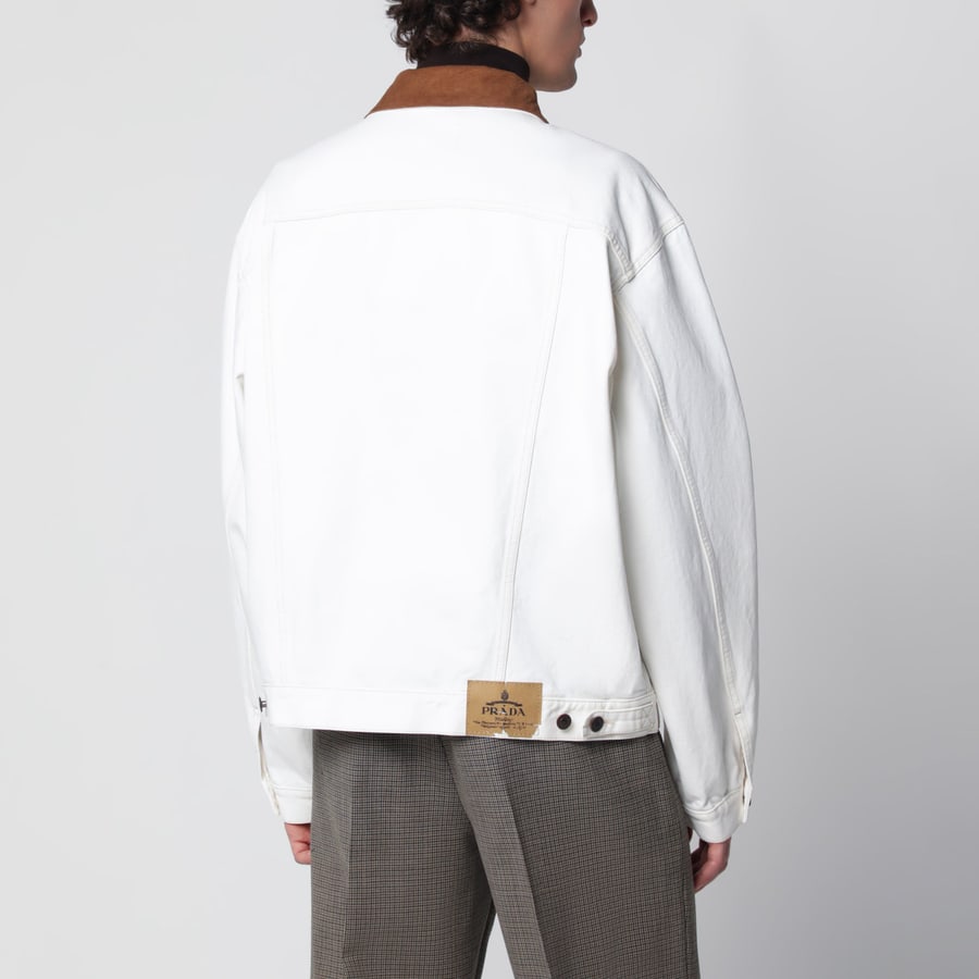 Prada Giubbotto in denim old bianco con dettagli in pelle, view 3