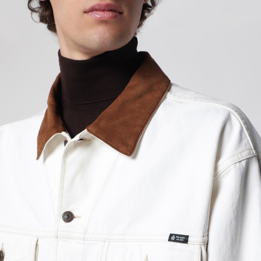 Prada Giubbotto in denim old bianco con dettagli in pelle, view 4