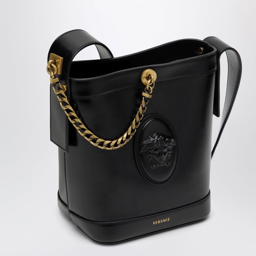 Versace Borsa a secchiello nera in pelle, view 3