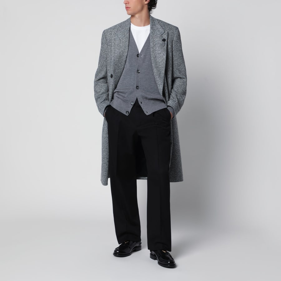 LARDINI Cappotto doppiopetto grigio in lana con motivo spigato