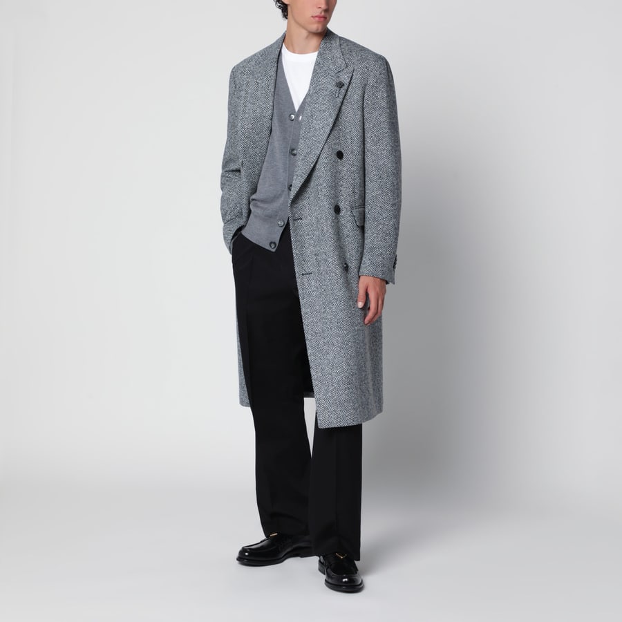 LARDINI Cappotto doppiopetto grigio in lana con motivo spigato, view 2