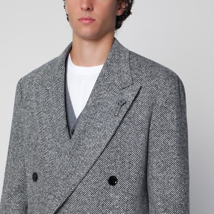 LARDINI Cappotto doppiopetto grigio in lana con motivo spigato, view 4