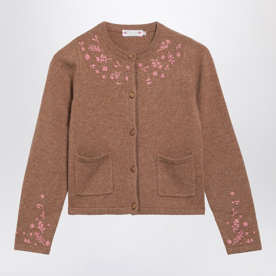 BONPOINT Cardigan beige in misto lana con ricamo fiori