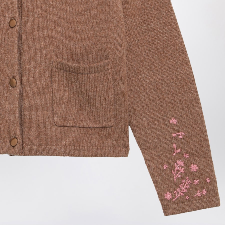 BONPOINT Cardigan beige in misto lana con ricamo fiori, view 3
